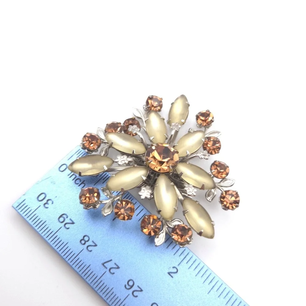 Vintage Floral Sunburst‎ Brooch Champagne Moonstone Amber Rhinestone Silver Tone